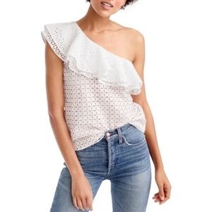 J. Crew • White One Shoulder Ruffle Eyelet Top